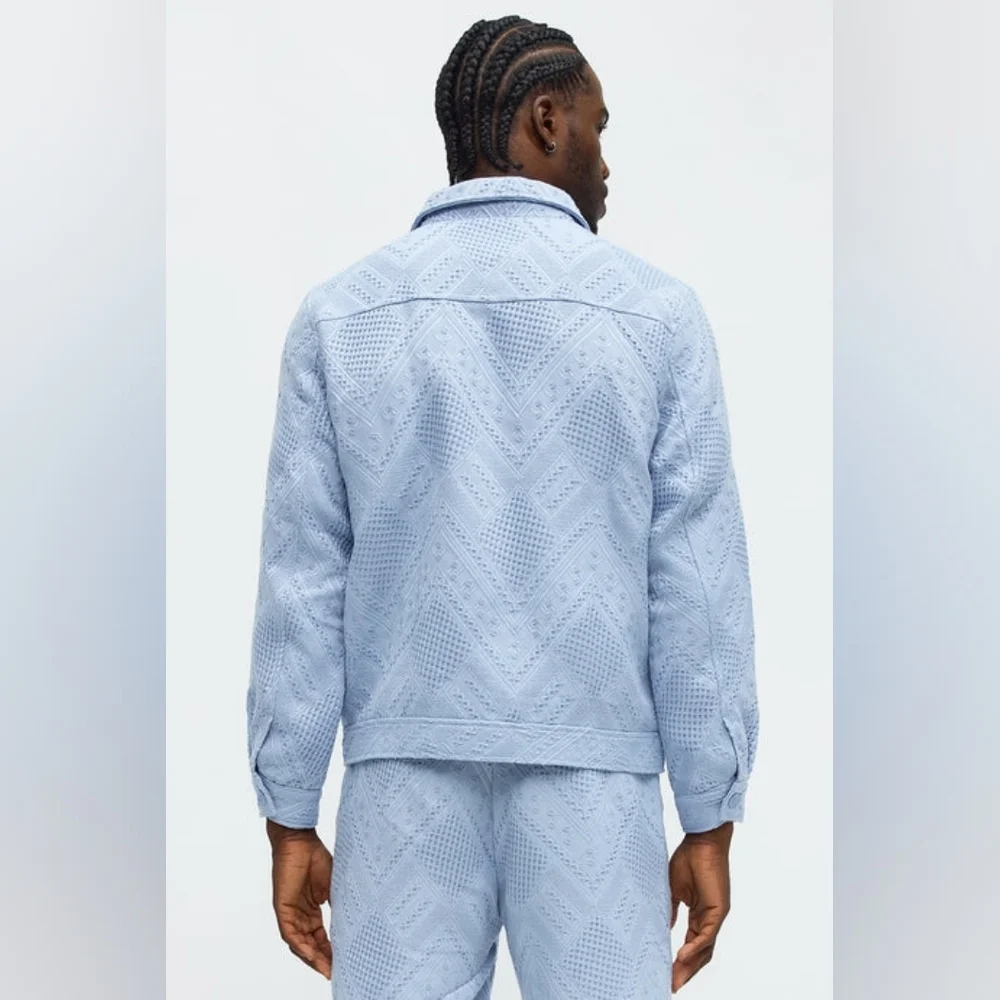 Relaxed Twist Weave Textured Trucker Jacket - Light Blue